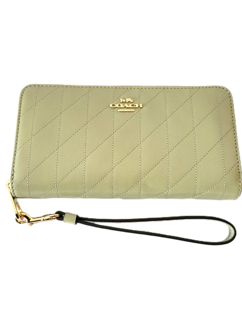 Coach CEL63 Long Zip Around Crinkle Quilting Shiny Leather Wallet Pistachio